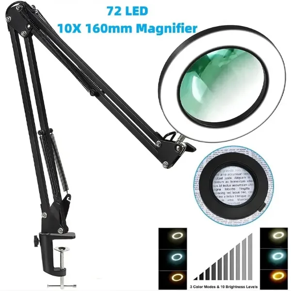 72LED 8X/10X NEW Illuminated Magnifier USB 3 Colors LED Magnifying Glass for Soldering Iron Repair/Table Lamp/