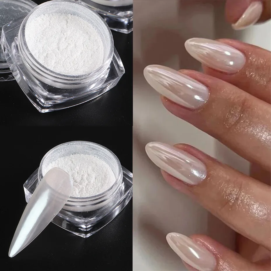 Moonlight Pearl White Nails Glitter Dust Chrome Aurora White Rubbing on Powder Shell Mirror Pigment Nail Art S